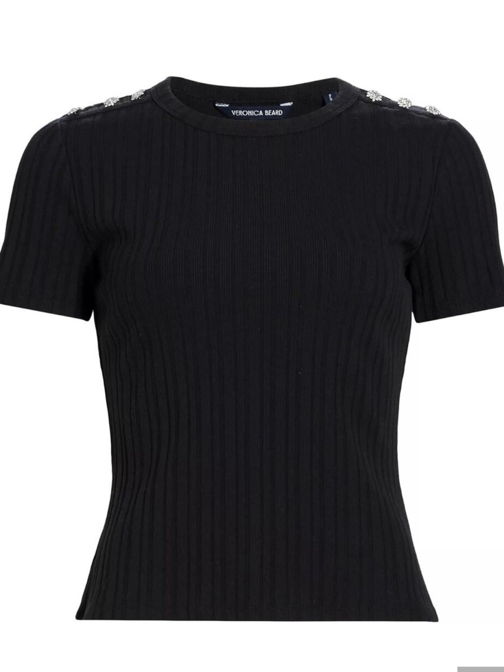Veronica Beard Black Ribbed Short-Sleeve Top with Shoulder Jewel Accents